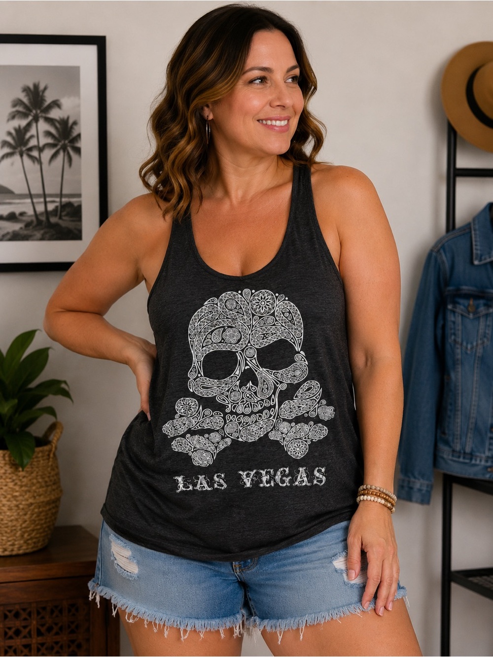 Women’s 1X Las Vegas Sugar Skull Racerback Tank Top Black Graphic